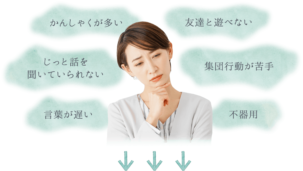 かんしゃくが多い、友達と遊べない、じっと話を聞いていられない、集団行動が苦手、言葉が遅い、不器用